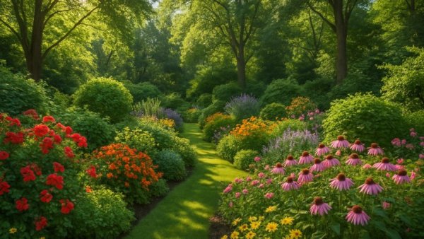 Vorgarten gestalten: lush green garden with vibrant flora.