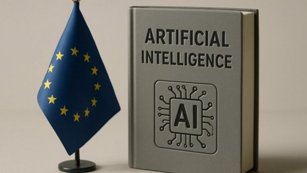 AI book and EU flag, representing agentic commerce framework.
