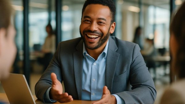 Cheerful businessperson discussing Data Act für KMU-IoT-Hersteller.
