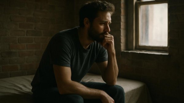 Man thinking in dimly lit room, Windparks im Emsland.