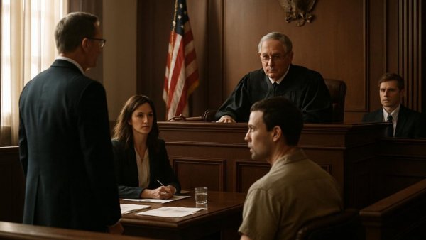 Courtroom setting during a trial with officials and a defendant.