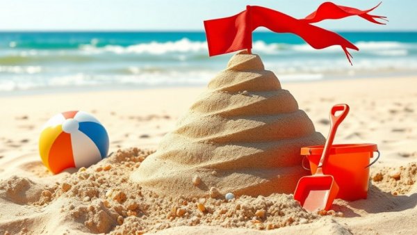 Strandspiele für Kinder: sandcastle and toys on a sunny beach.