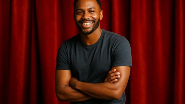 Person smiling against red curtain, SMS-Betrug context