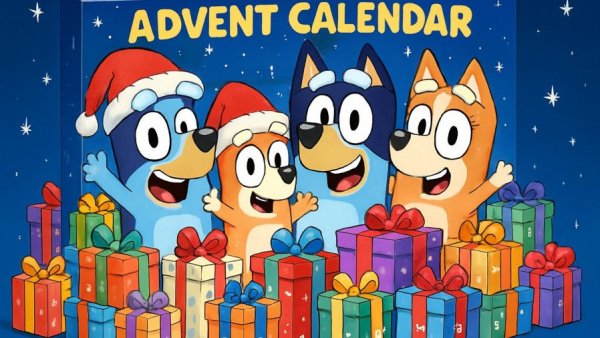 Bluey Fuzzies Advent Calendar with cartoon characters and gifts.