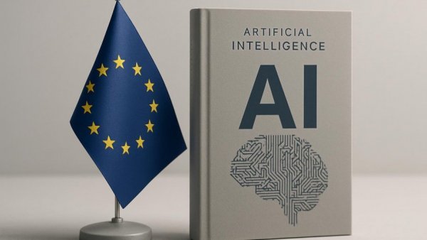 European flag and AI book representing AI Continent Action Plan.