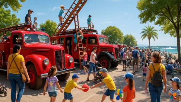 Familien Aktivitäten im Feuerwehrtag Grömitz with fire trucks by the beach.