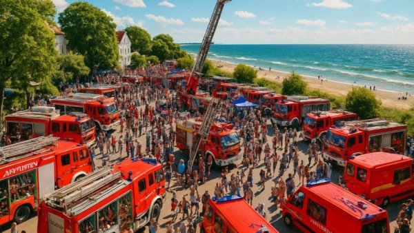 Feuerwehrtag in Grömitz event with fire trucks by the beach.