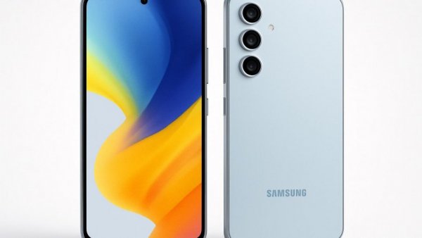 Samsung Galaxy A55 with abstract wallpaper, front and back view.