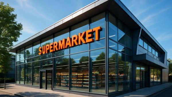 Modern supermarket with glass front and bold signage