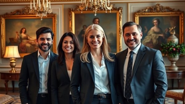 Three professionals smiling in ornate room, Datenschutz Künstliche Intelligenz theme