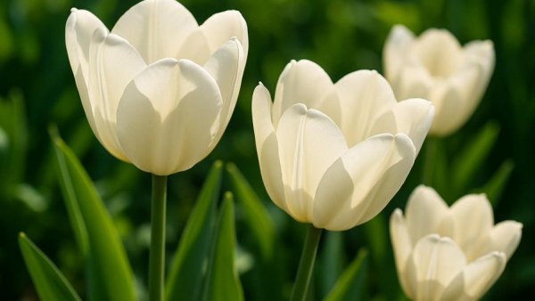 Summer flowers for pots - blooming white tulips in sunlight.