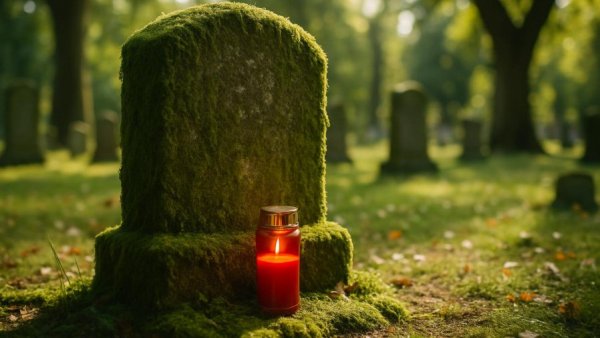 Familiengrab auflösen Kosten: Cemetery scene with mossy gravestone.