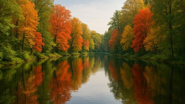 Autumn lake surrounded by foliage reflecting serenity, Gärtnerlatein Pflanzenbezeichnungen.