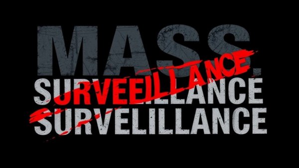 Graphic design of 'MASS SURVEILLANCE' with red slashes, Datenschutz und Privatsphäre theme.