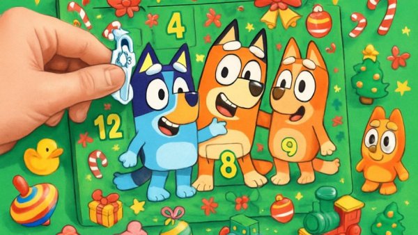 Inkee Bluey-Adventskalender box with toys and stickers.