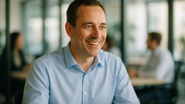 Smiling man in office setting during DSGVO Bußgeldverfahren discussion.