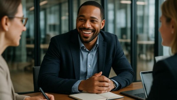 Man smiling in business meeting on Datenschutzrechte Reddit discussion.