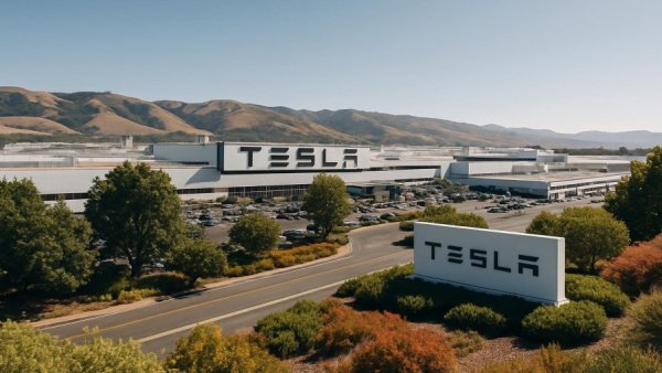 Tesla factory in scenic landscape highlighting sustainability.