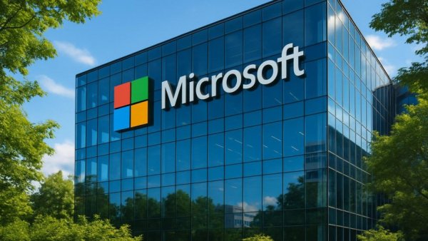 Microsoft building with glass facade and logo, sunny day.