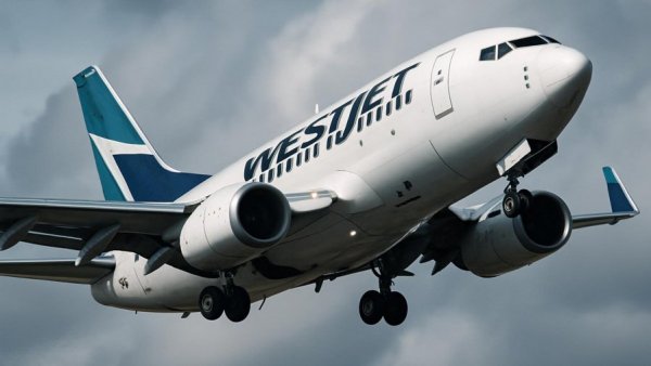 WestJet airplane taking off, showcasing its branding