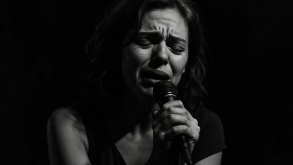 Emotional singer performing passionately on stage, Leben ohne Bedauern
