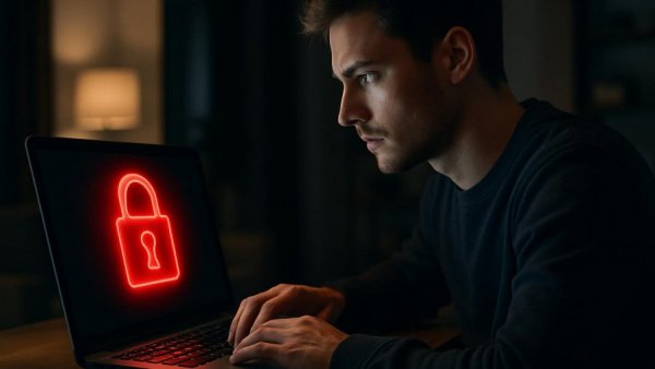 Cyber-Schutz Fehler Deutsche: Person analyzing cybersecurity error on laptop.