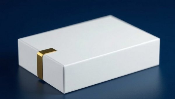 Minimalistic white box with gold bookmark on blue background, glowing slightly.