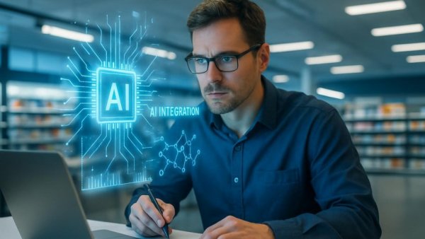 KI-Weiterbildung für KMU im Einzelhandel, man studying AI, retail setting