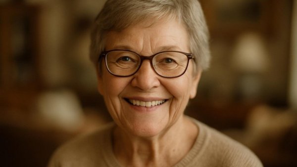 Elderly woman smiling warmly in an intimate setting.