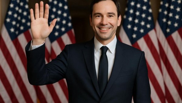 Kevin Warsh neuer Fed-Chef waving in front of USA flags.