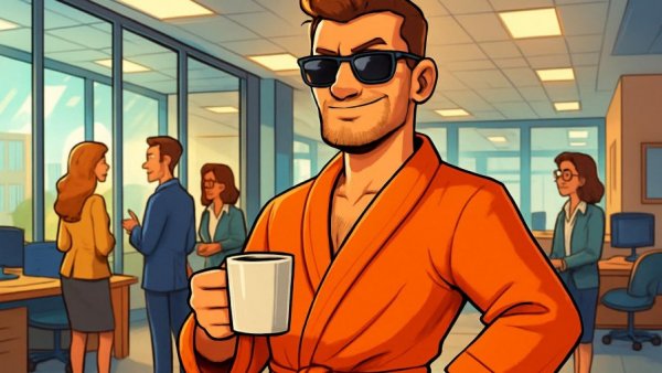 Confident man in orange robe with coffee mug in office cartoon.