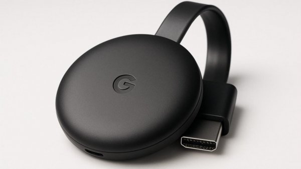Compact black Chromecast device on a white background, highlighting its design.