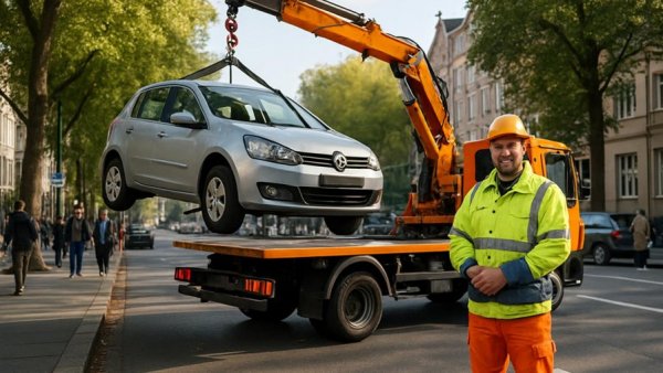 Vehicle lifted by ADAC roadside assistance abroad.