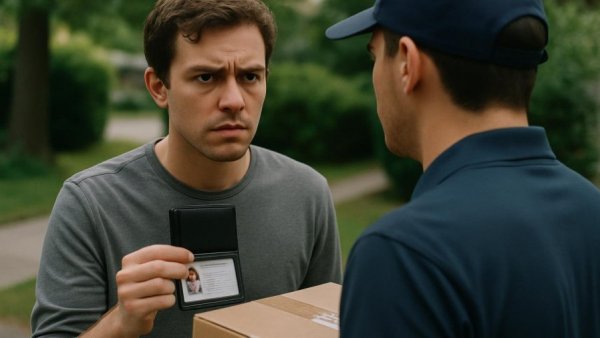 Suspicious man confronts delivery worker with ID, Paketzusteller Betrug stoppen.