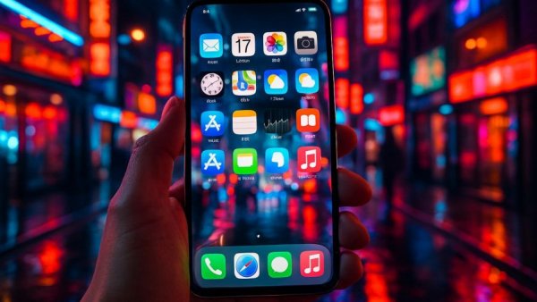 Sleek futuristic smartphone with edge-to-edge display in vibrant urban setting.
