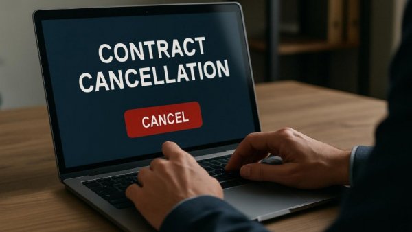 Close-up of hand on laptop cancelling contract, highlighting Online-Kündigung mit Tücken.