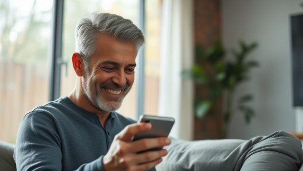 Middle-aged man enjoying smartphone in modern living room.