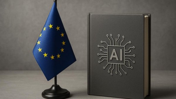 EU flag beside AI governance book, symbolizing Haftung von KI-Chatbots.