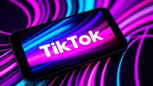 TikTok logo on phone, abstract neon background, vibrant colors.
