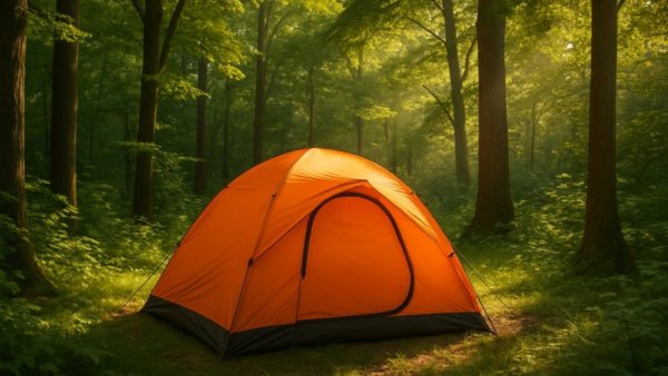Forest camping scene with a bright orange tent, legales Wildzelten in Deutschland.
