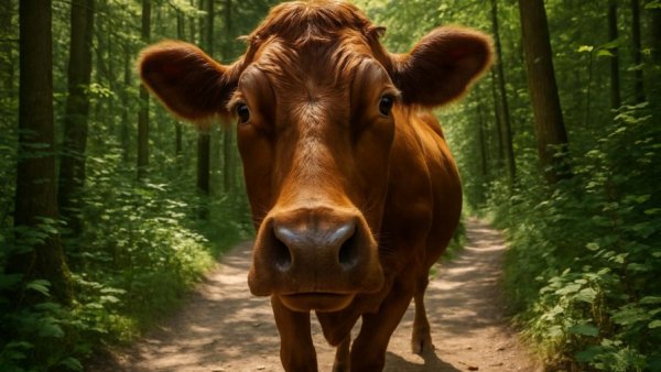 Curious cow on a hiking path in a lush forest.