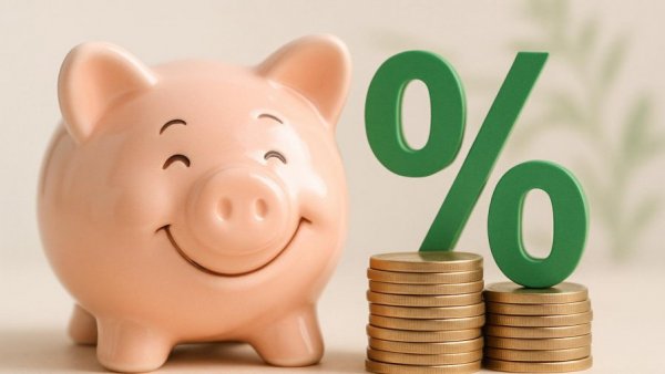 BBVA Festgeld piggy bank beside coins and percentage symbol.
