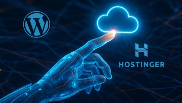 Futuristic hand with WordPress and Hostinger logos for web hosting.
