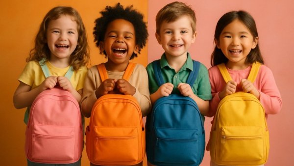 Lässig x SmileyWorld Kollektion für Kinder: Kids with backpacks in colorful studio.