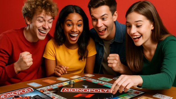 Young friends playing Monopoly F1 game with smiles.