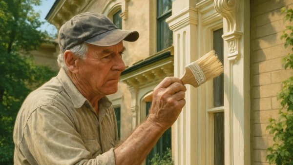 Older man renovating historic house facade, Wohnen in Herrenhäusern und Modulhäusern.