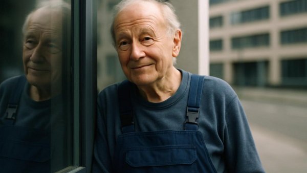 Older man staying active at 86, cinematic photo, urban backdrop.