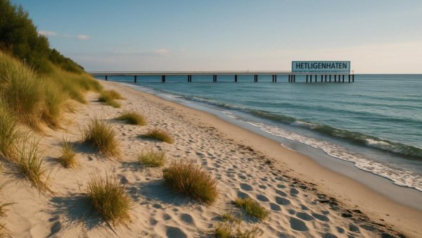Heiligenhafen with the RV, scenic coastal view with beach and sea.