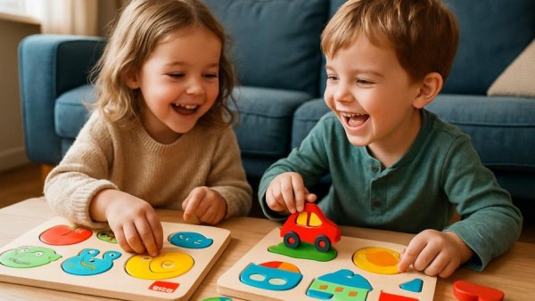 Children playing with colorful Goula Holzspielzeug wooden puzzles on the floor.