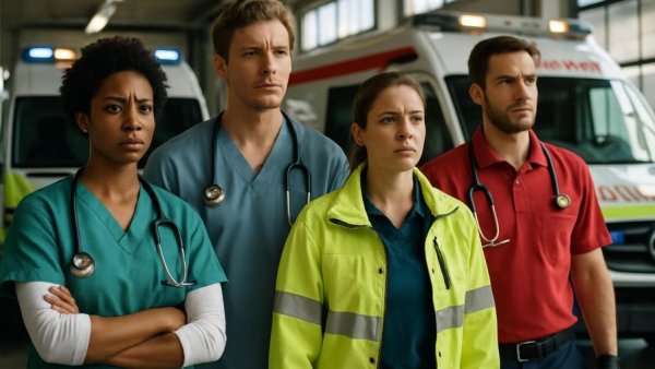 Notfallvorsorge für Familien: Prepared healthcare team in ambulance station.